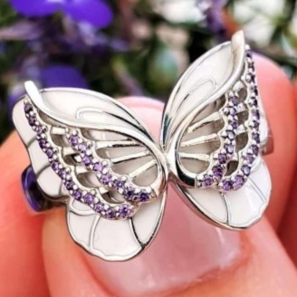 🎁Sweet White Butterfly Anillos Silver Plated Ring for Women/Girl, UNVN12…